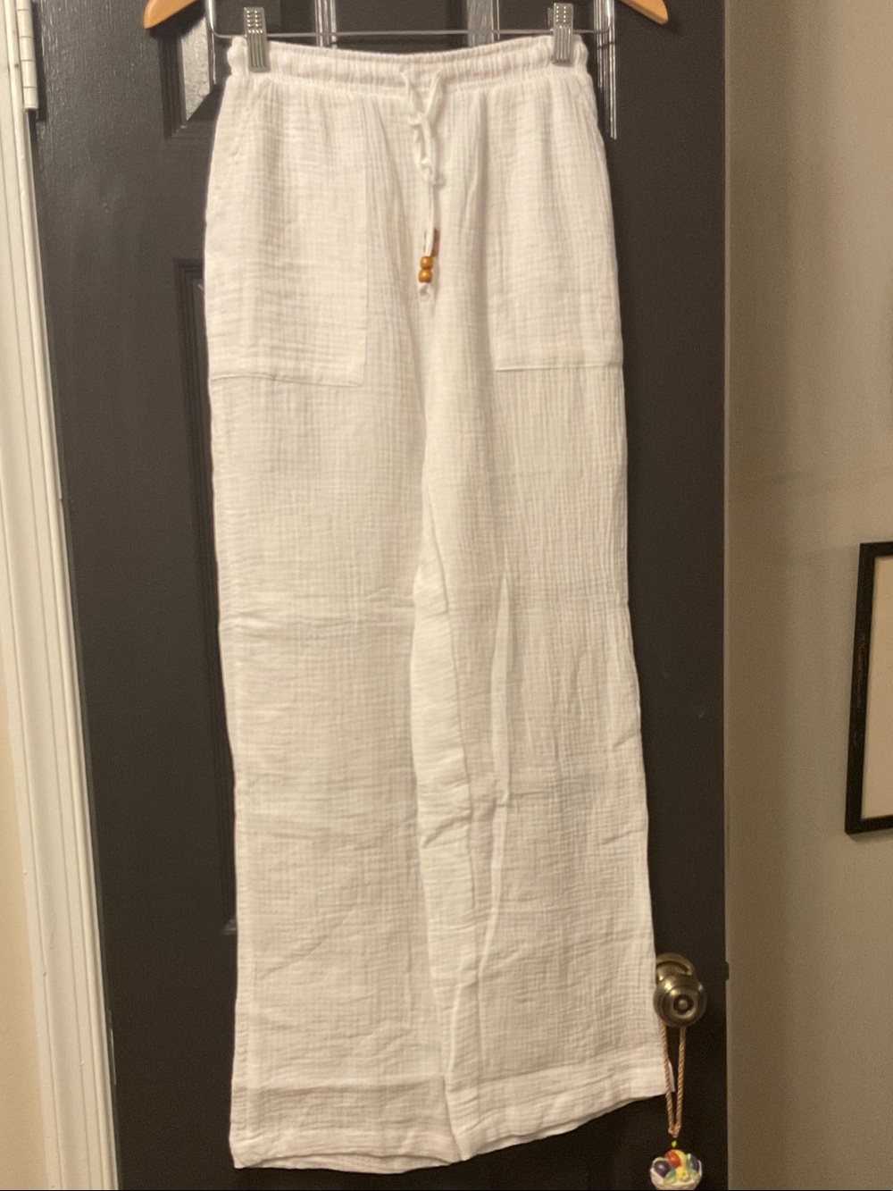 Wide-Leg White Cotton Gauze Drawstring Pants for Women